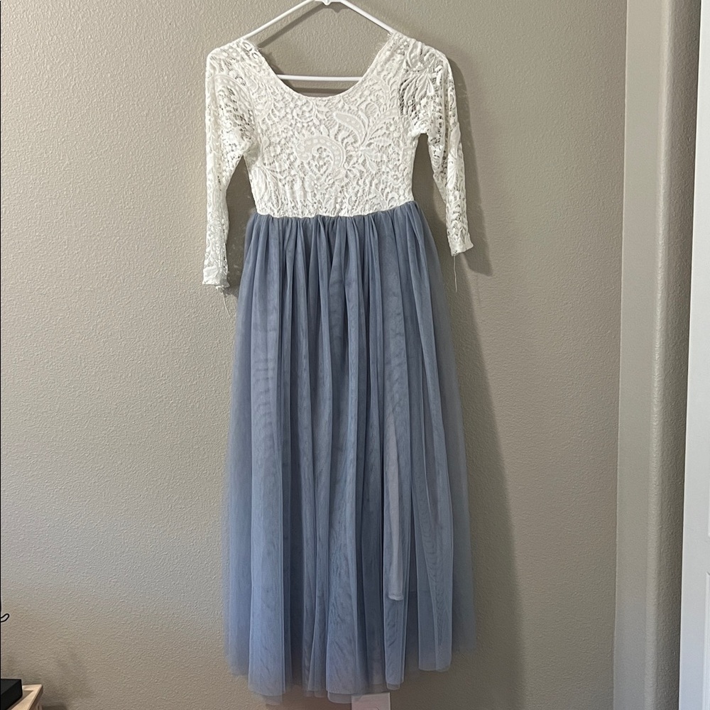 Elegant White and Blue Kids Formal Dress